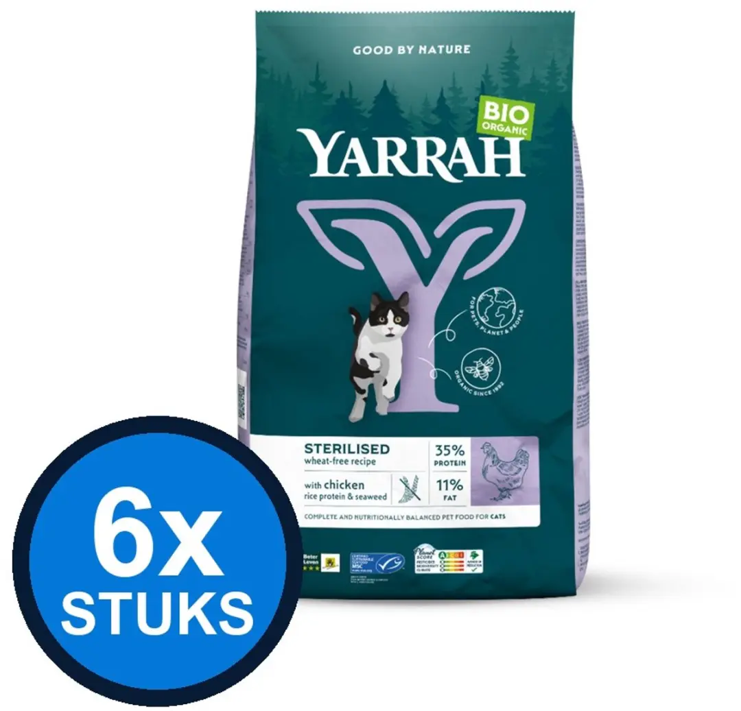 6x Yarrah cat bio dry wheat free sterilised chicken&fish 700gr