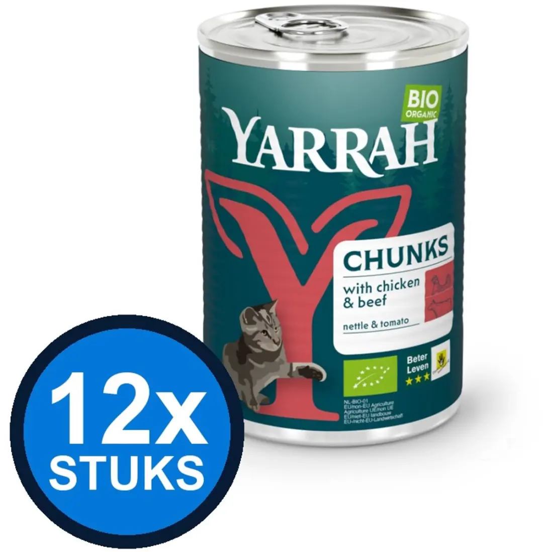 12x Yarrah cat bio blik brokjes saus kip&rund 405gr