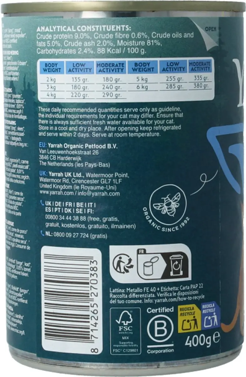 Yarrah Bio Kattenvoer Paté Vis 400g - afbeelding 6 van 6