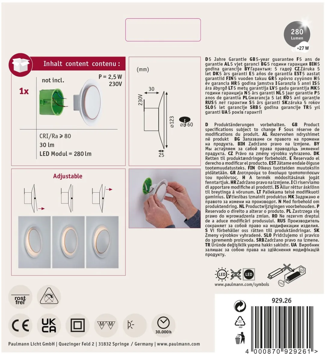 Paulmann Neordic LED-wandinbouwlamp 2W 30lm 2700K - Ø12.3cm Wit mat