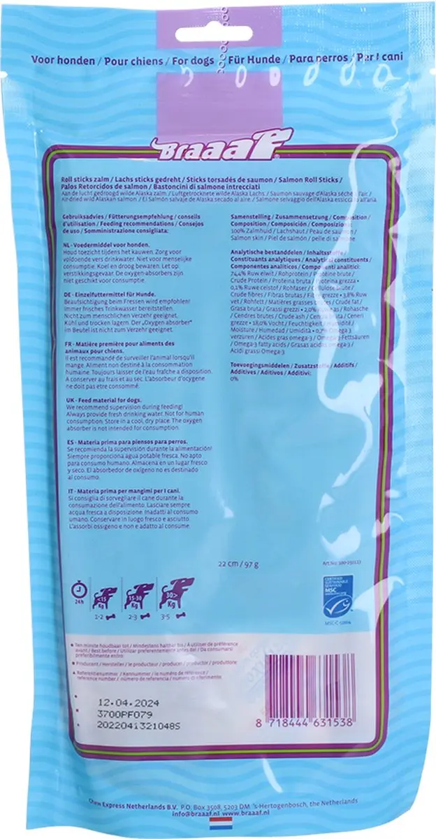Braaaf Hondensnack Rol Sticks Zalm 20cm - 97g - afbeelding 2 van 4