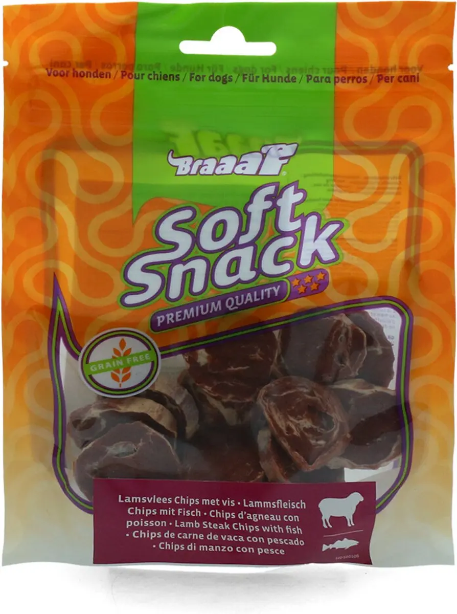 Braaaf Hondensnack Chips Lam Steak Vis 10x 85gr - afbeelding 2 van 5