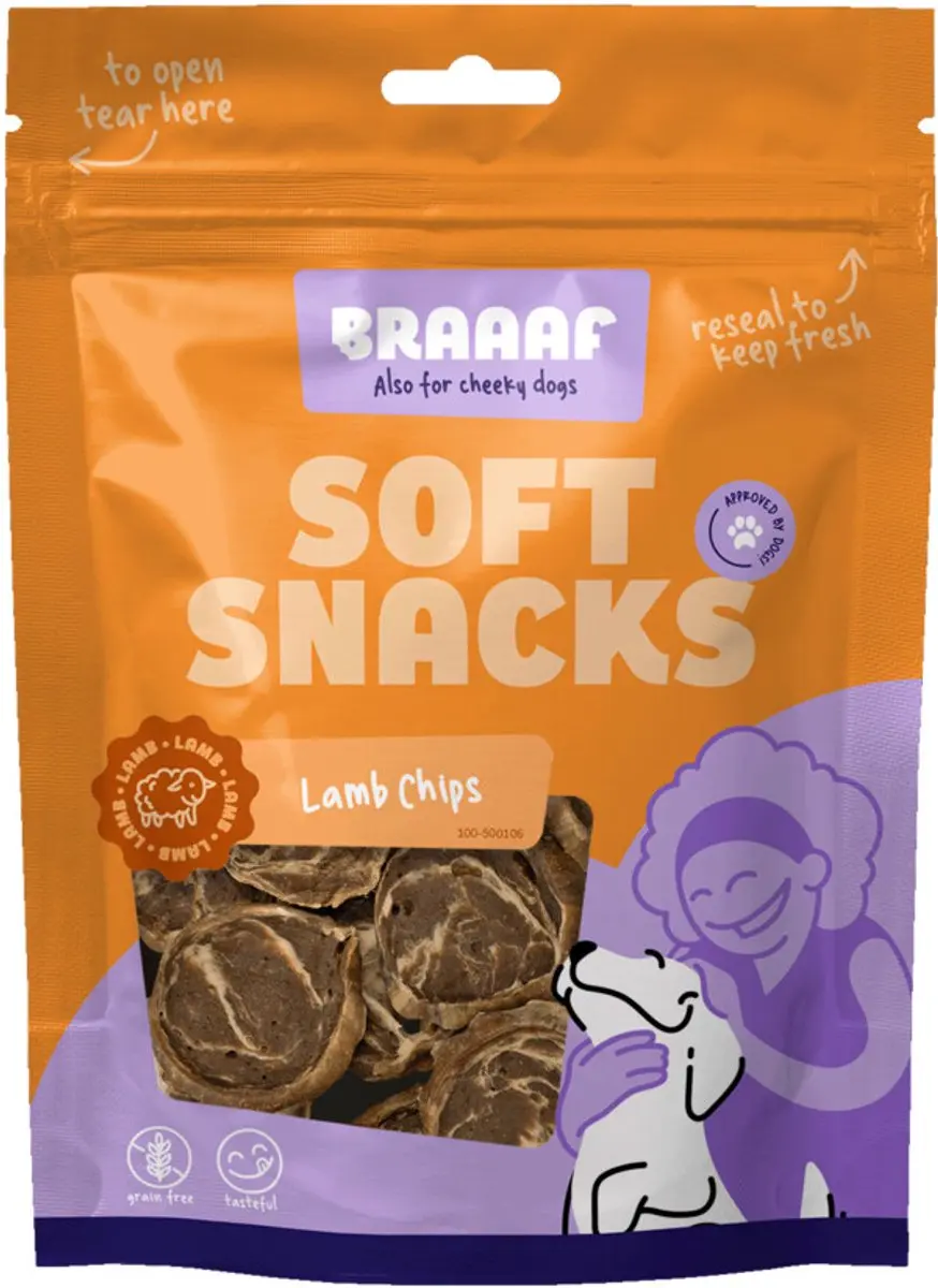 Braaaf Hondensnack Chips Lam Steak Vis 10x 85gr