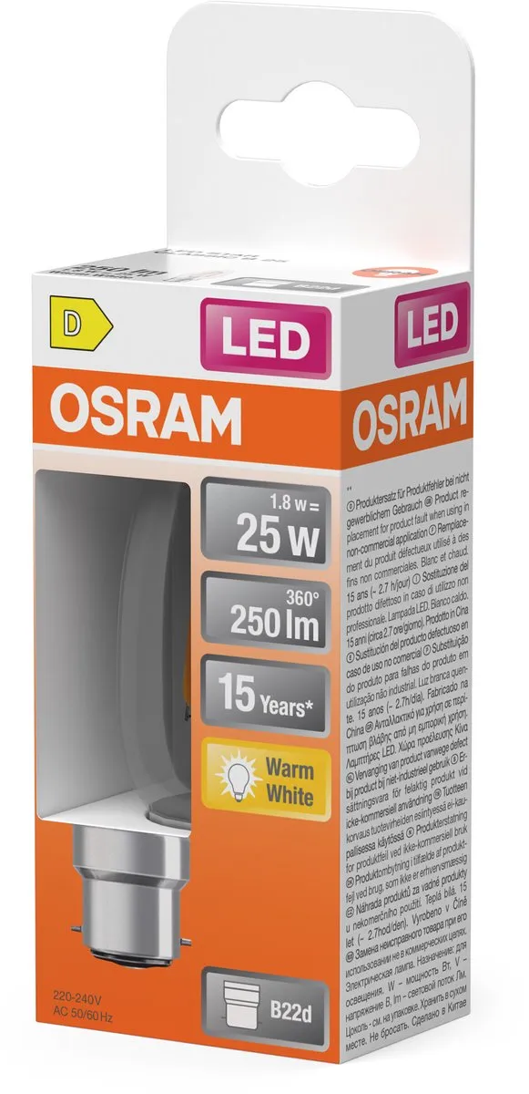 Osram LED Kaarslamp B25 Filament 2700K - 1,8W 250lm - Helder