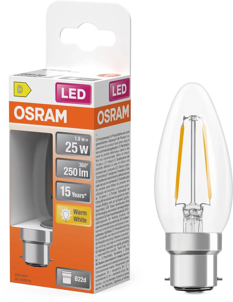 Osram LED Kaarslamp B25 Filament 2700K - 1,8W 250lm - Helder