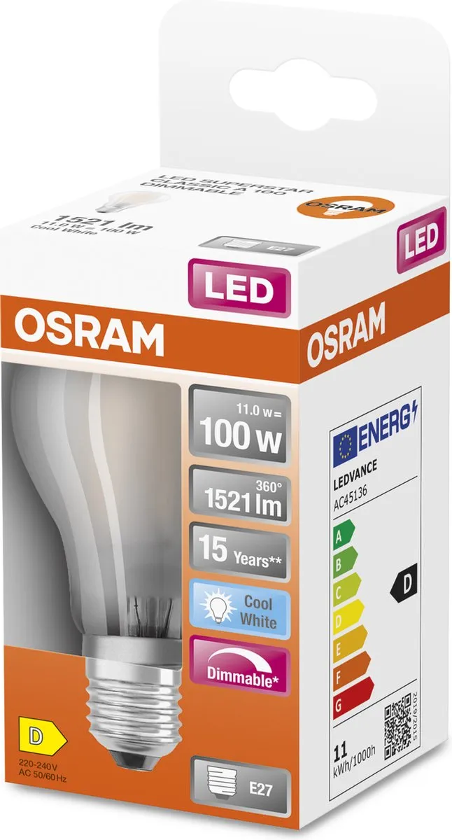 Osram LED-lamp E27 11W Koelwit - Mat Glas 4000K - afbeelding 6 van 6