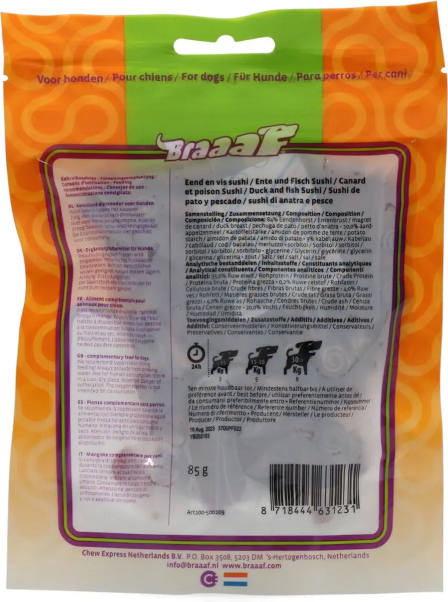 Braaaf Hondensnack Sushi Eend - Vis - 10 x 85 gr - afbeelding 4 van 6