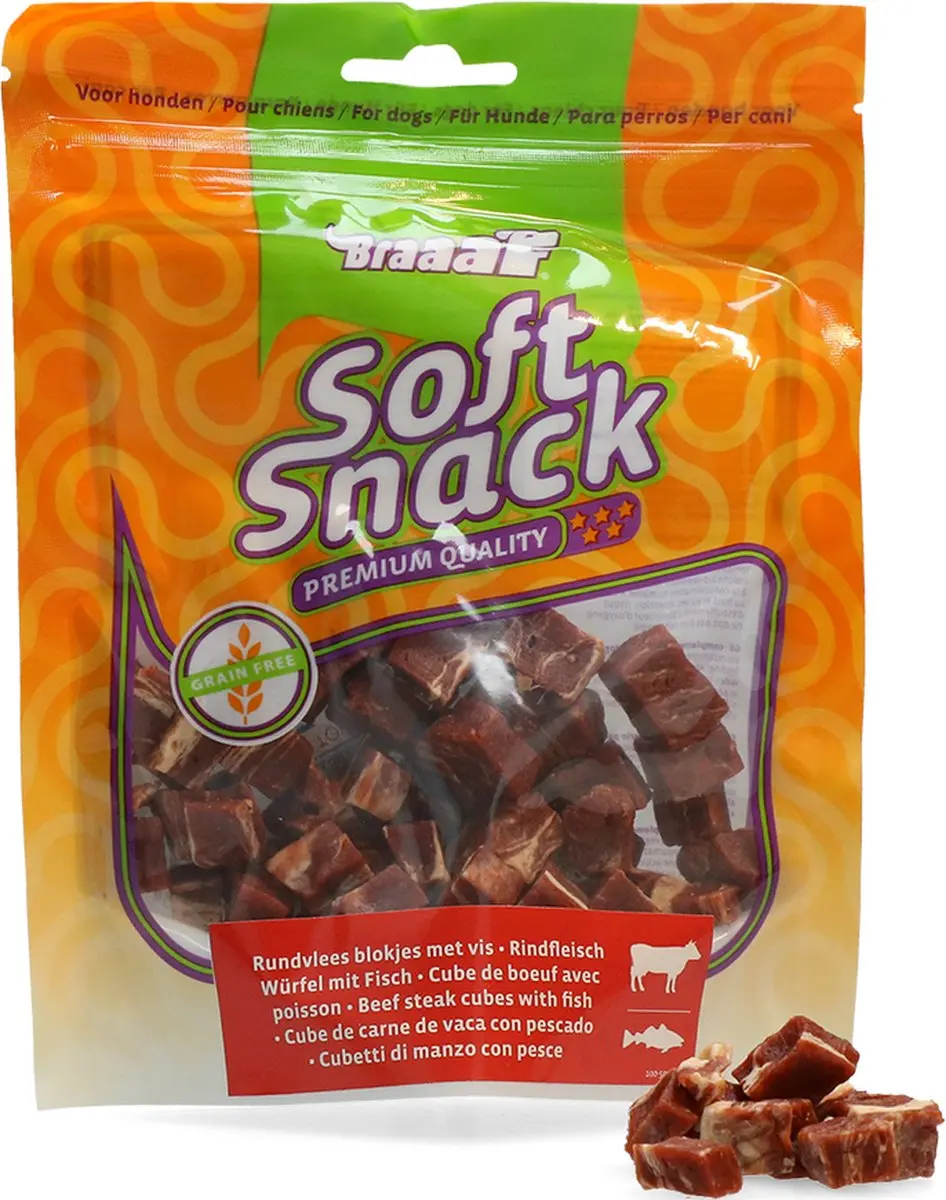 Braaaf Hondensnack Blokjes Rund Steak met Vis 85g