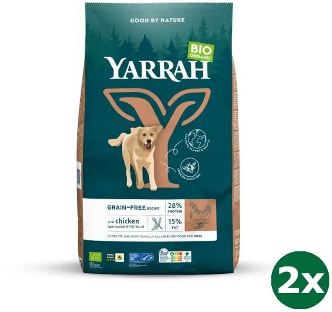2x10 kg Yarrah dog biologische brokken graanvrij kip/vis hondenvoer NL-BIO-01