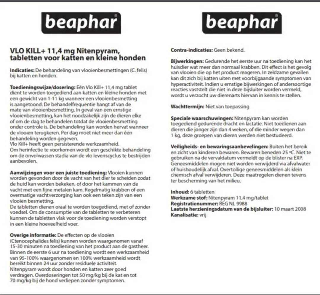 Beaphar Vlo Kill -  Kleine Hond/Kat - Tot 11 Kg - 6 Tabletten