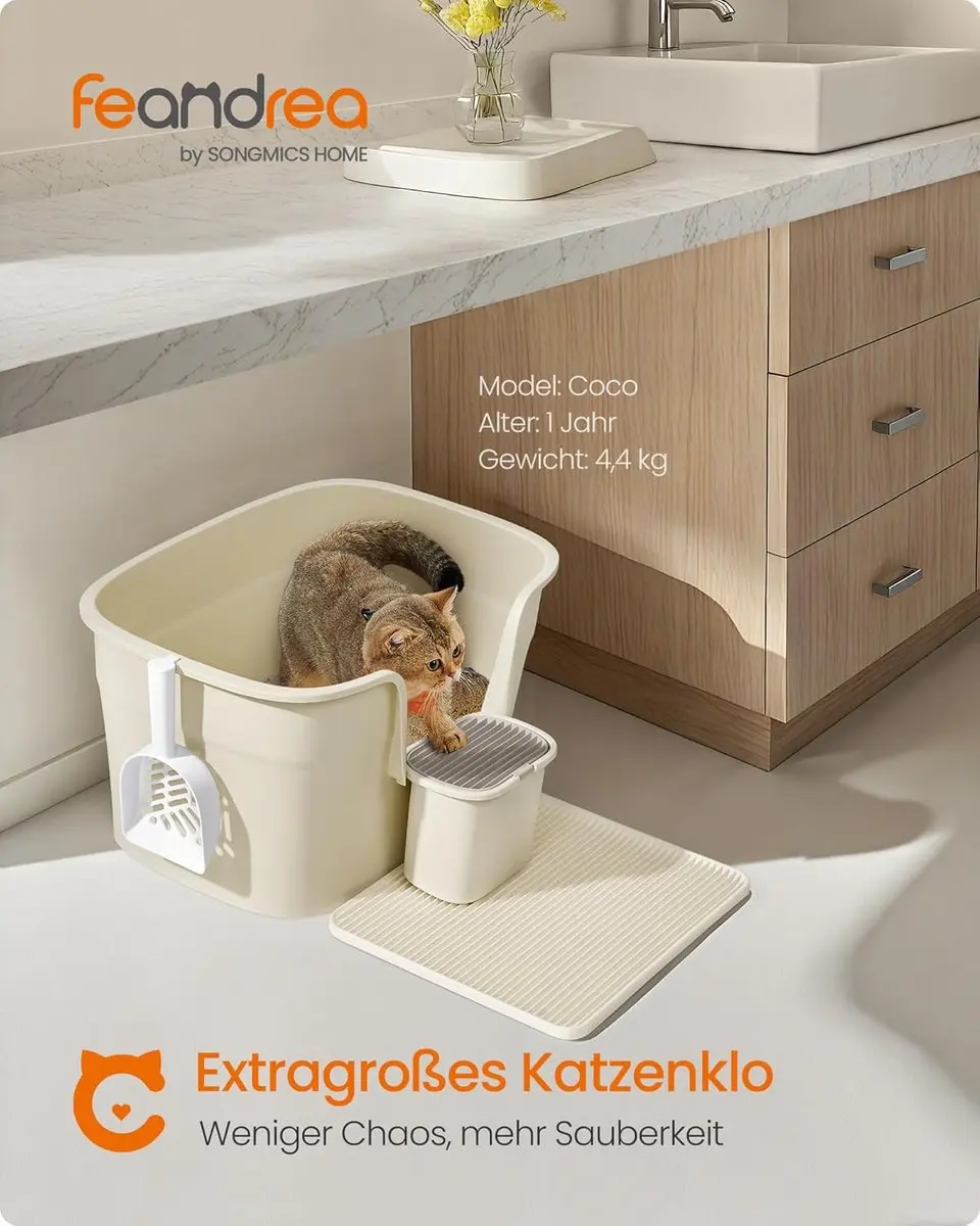 FEANDREA Kattenbak XL - 64x76x33cm - Hoge Zijwanden - Zandbeige - afbeelding 6 van 6