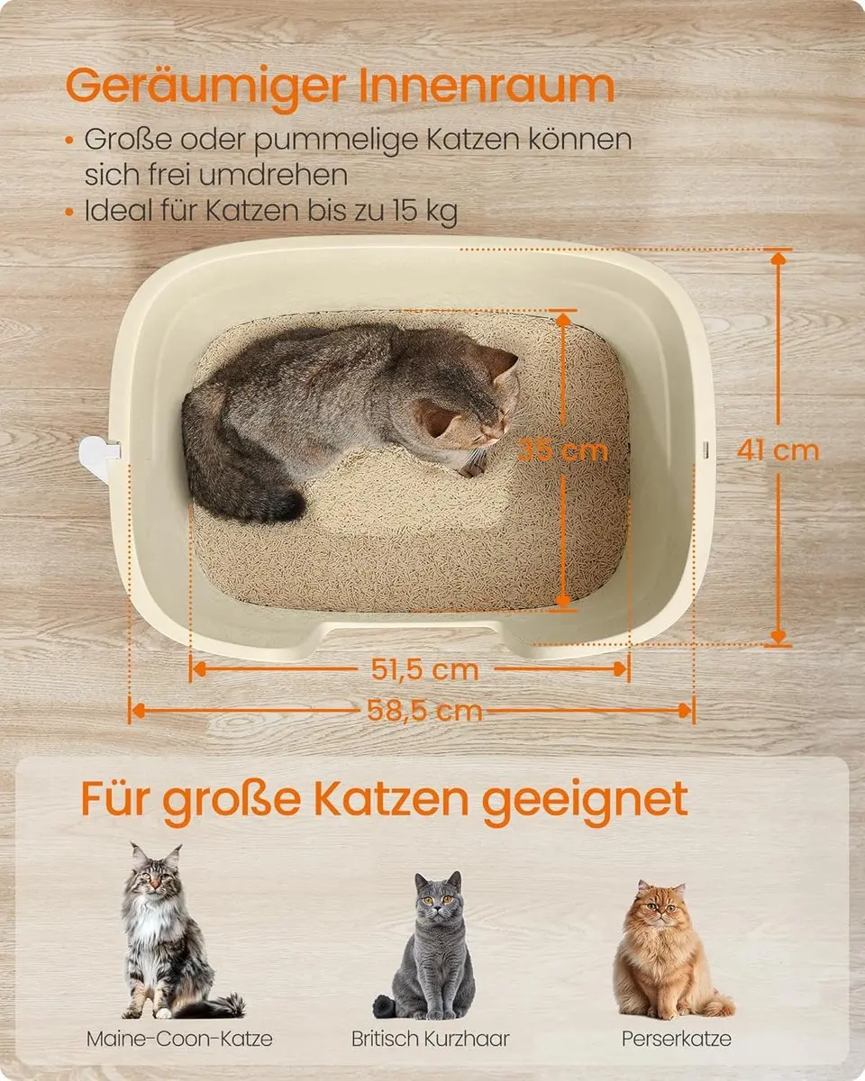 FEANDREA Kattenbak XL - 64x76x33cm - Hoge Zijwanden - Zandbeige - afbeelding 5 van 6