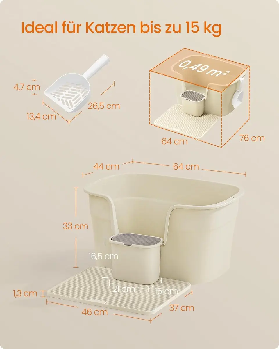 FEANDREA Kattenbak XL - 64x76x33cm - Hoge Zijwanden - Zandbeige - afbeelding 4 van 6