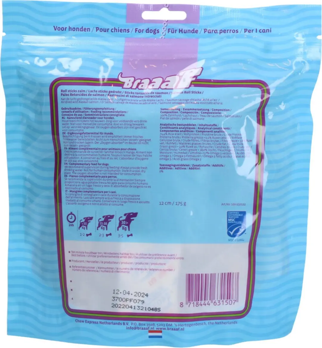 Braaaf Hondensnack Rol Sticks Zalm 12 cm - 12x 175 gr - afbeelding 4 van 6