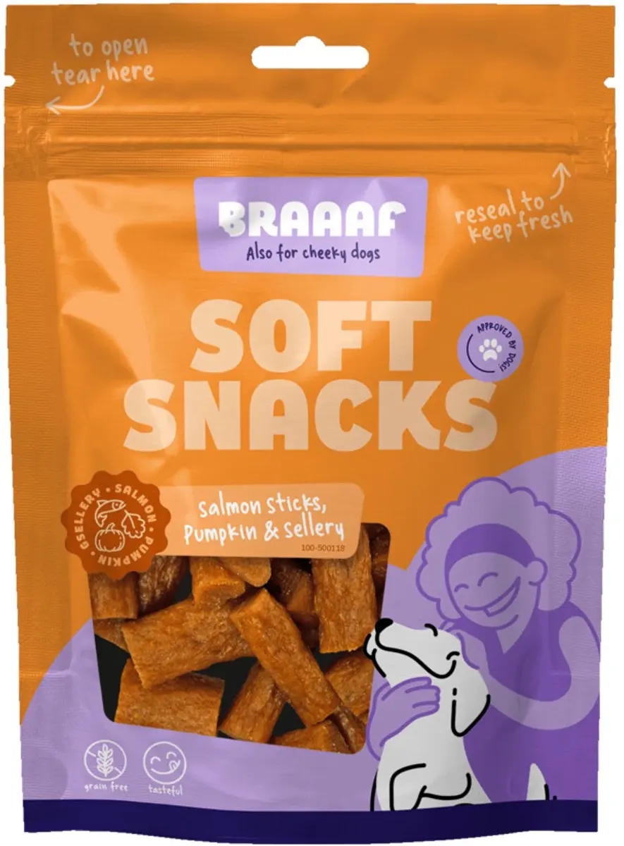 Braaaf Hondensnack Sticks Zalm, Pompoen & Selderij - 10x 85g - afbeelding 5 van 6