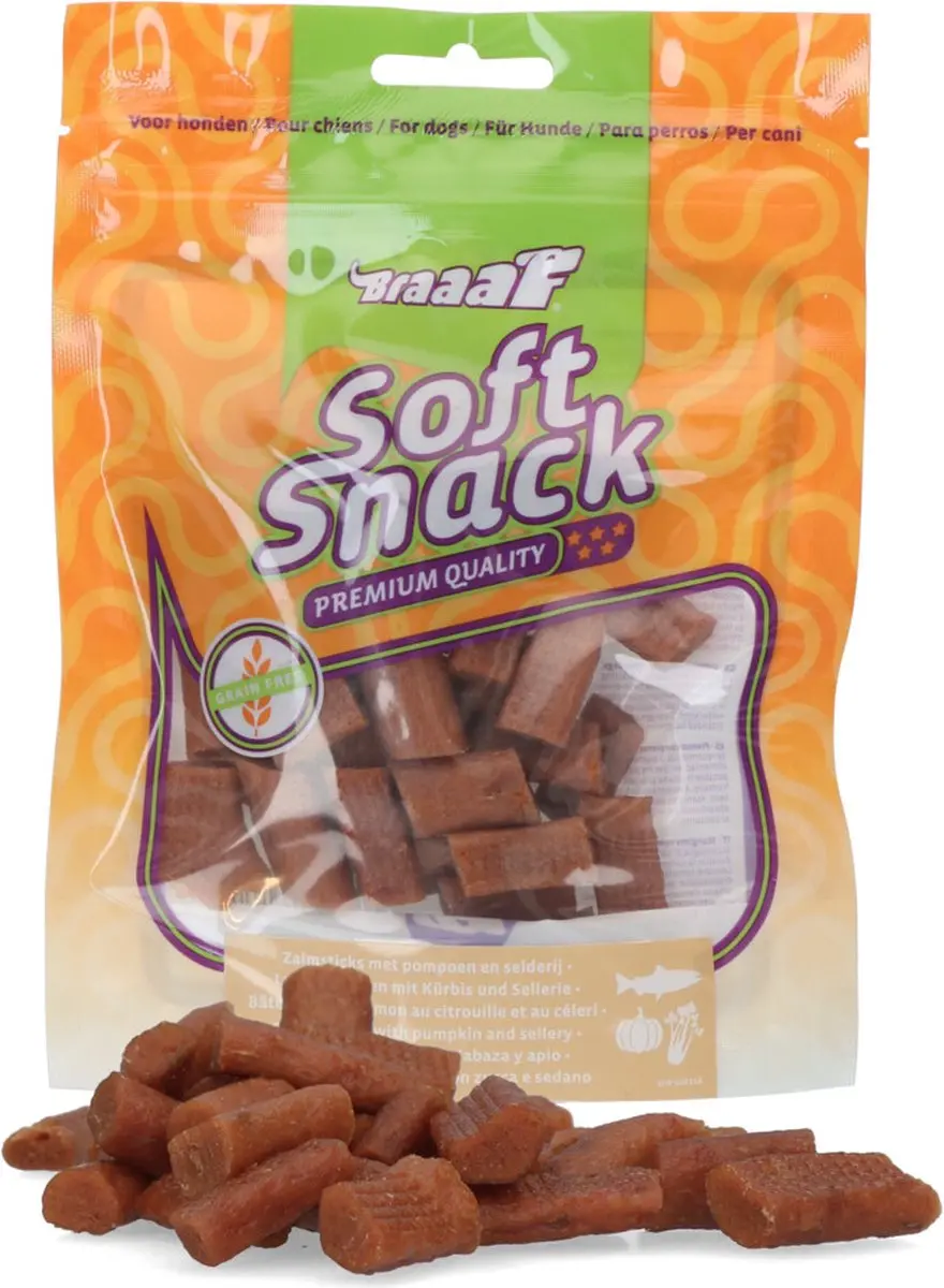 Braaaf Hondensnack Sticks Zalm, Pompoen & Selderij - 10x 85g - afbeelding 3 van 6