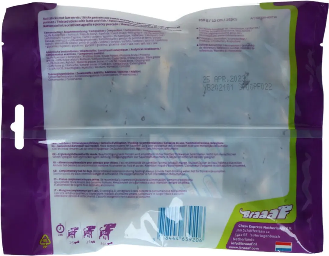 Braaaf Hondensnack Rol Sticks Lam & Vis 12 cm - 250g - afbeelding 5 van 6