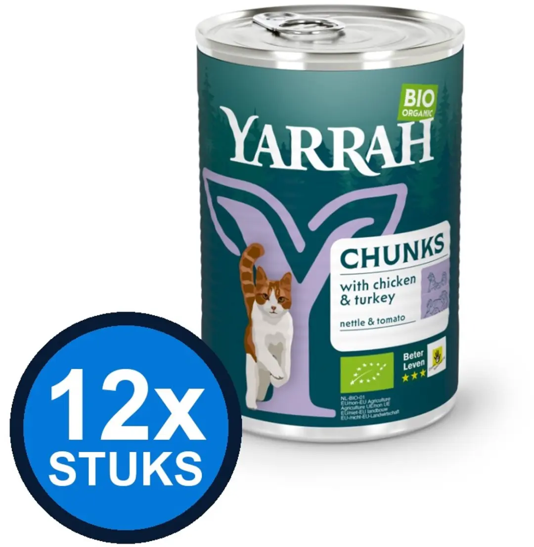 12x Yarrah cat bio blik brokjes saus kip&kalkoen 405gr