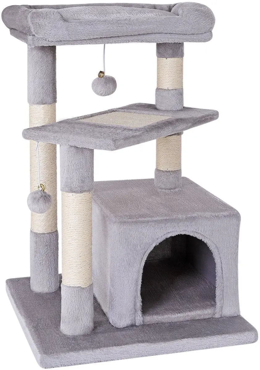 lionto Kattenkrabpaal 75 cm, met sisal, ligplek & speelballen, lichtgrijs