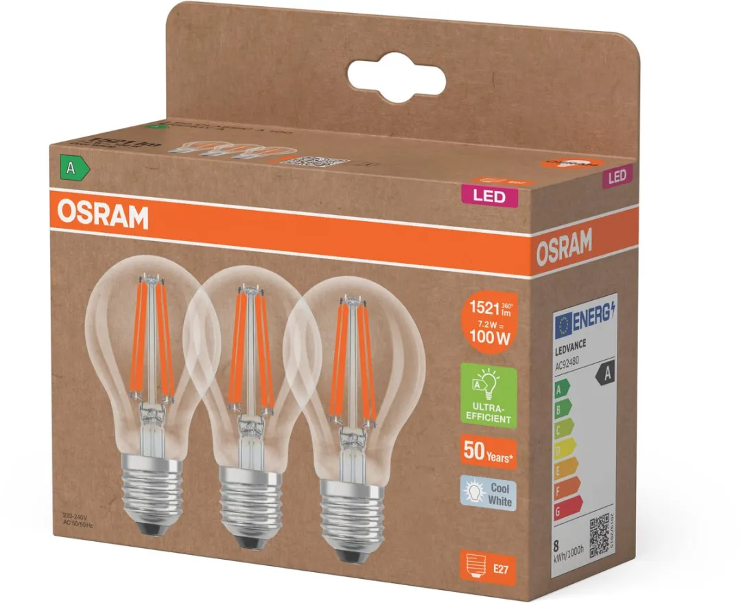 Osram LED Classic A100 Filament 7,2W 840 - 1521lm - 50.000u - 3 Stuks