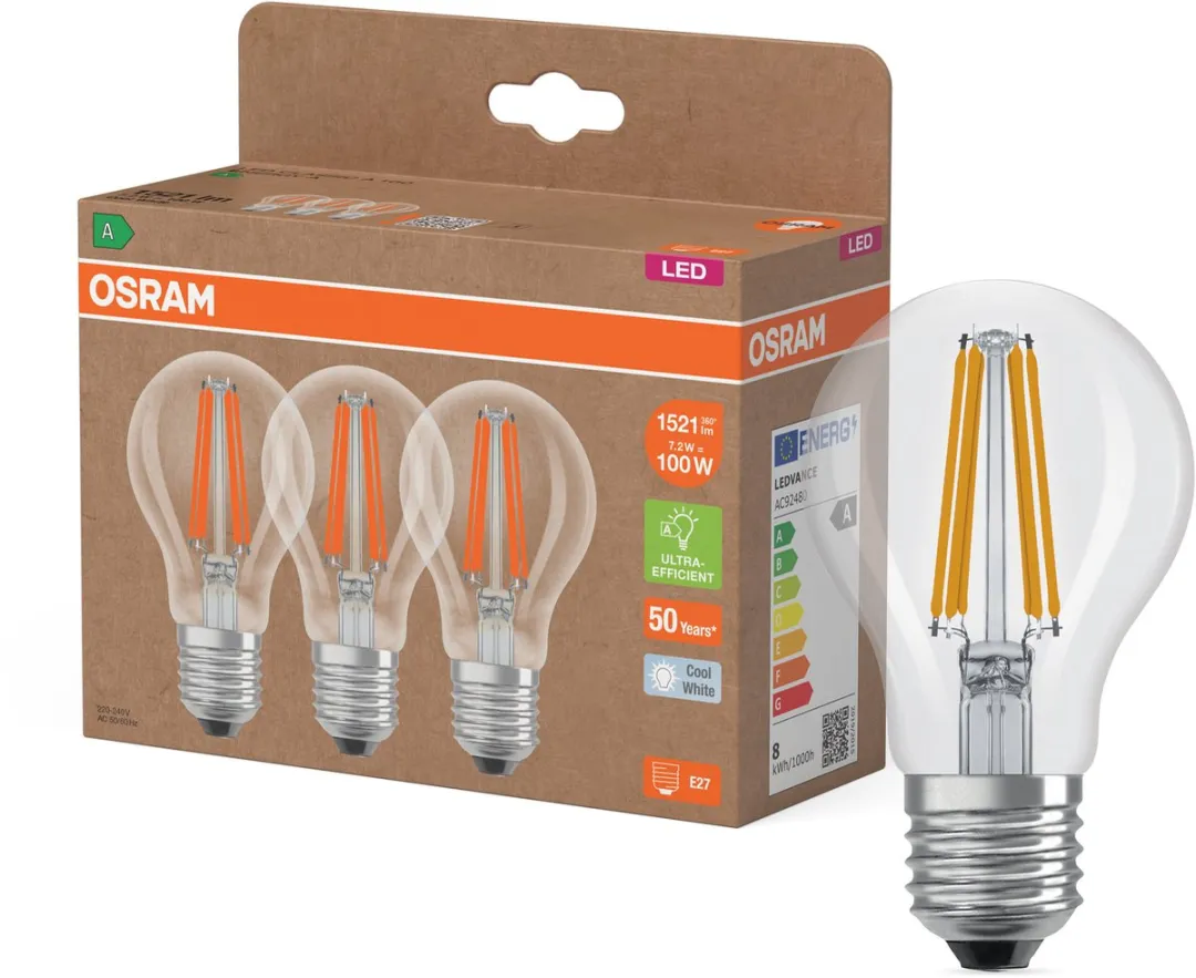 Osram LED Classic A100 Filament 7,2W 840 - 1521lm - 50.000u - 3 Stuks