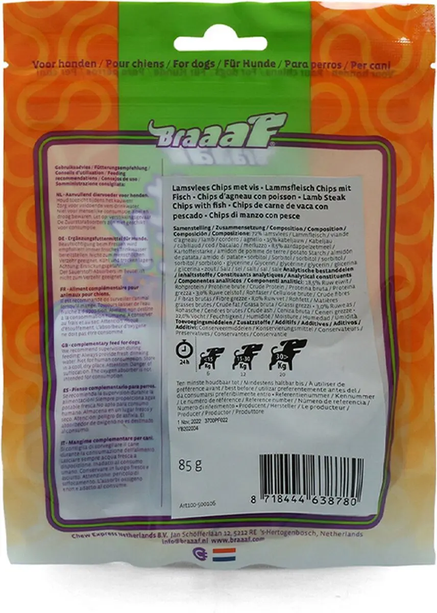 ** 2 X ** BRAAAF hondensnack lamsvlees chips met vis