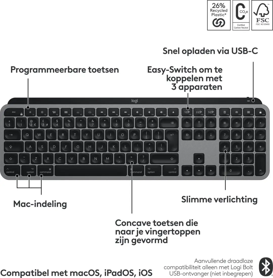 Logitech MX Keys S voor Mac 920-011625 Toetsenbord - Draadloos - AZERTY - Grijs - afbeelding 6 van 6