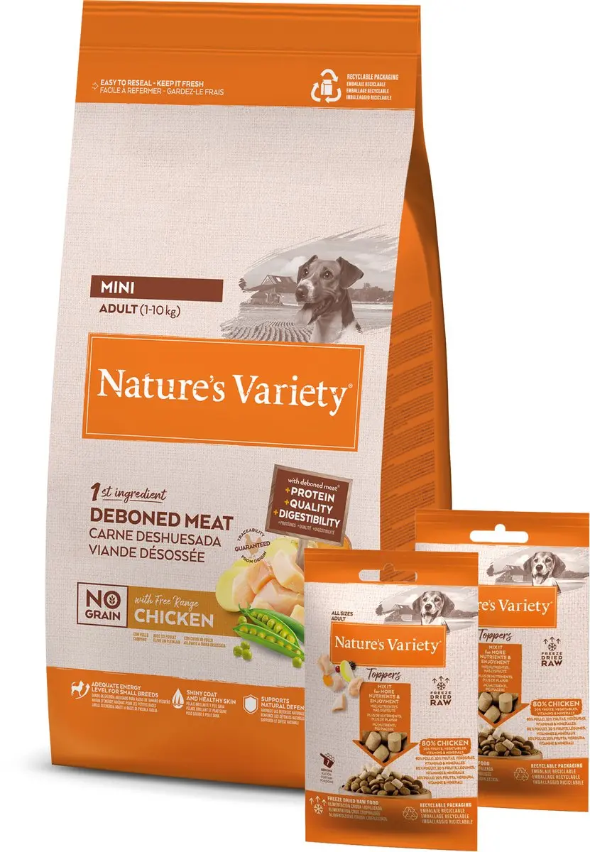 Natures Variety Mini Graanvrij Kip 1,5 kg + 2x120 gr Toppers