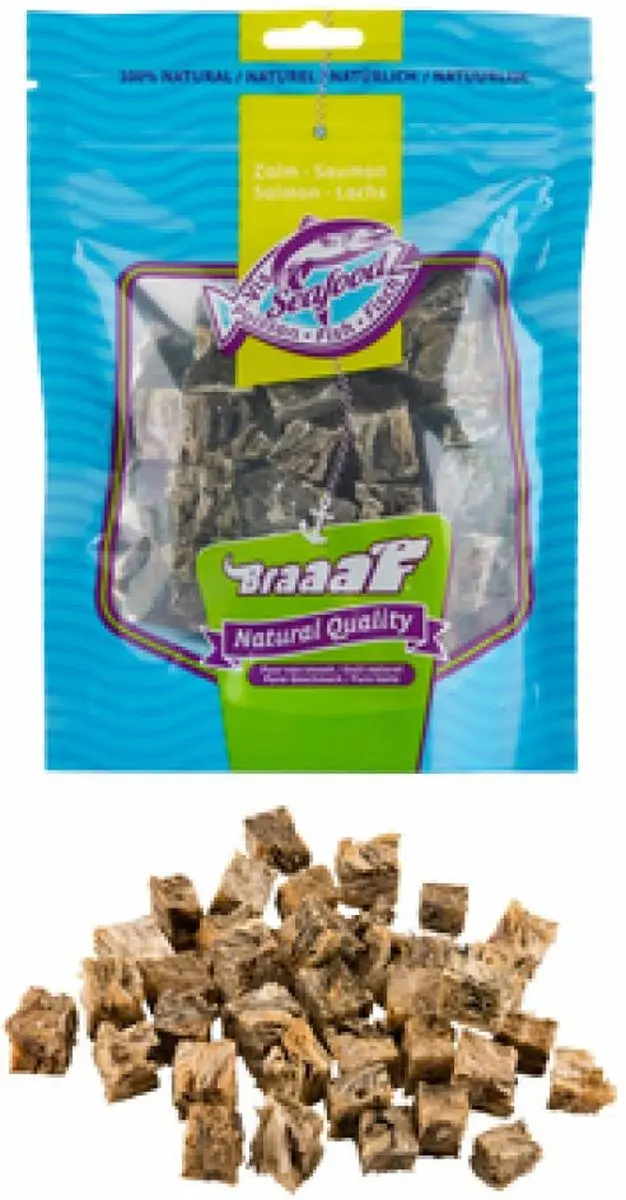 Braaaf Hondensnack Cubes Zalmhuid - 8 x 70g - afbeelding 4 van 4