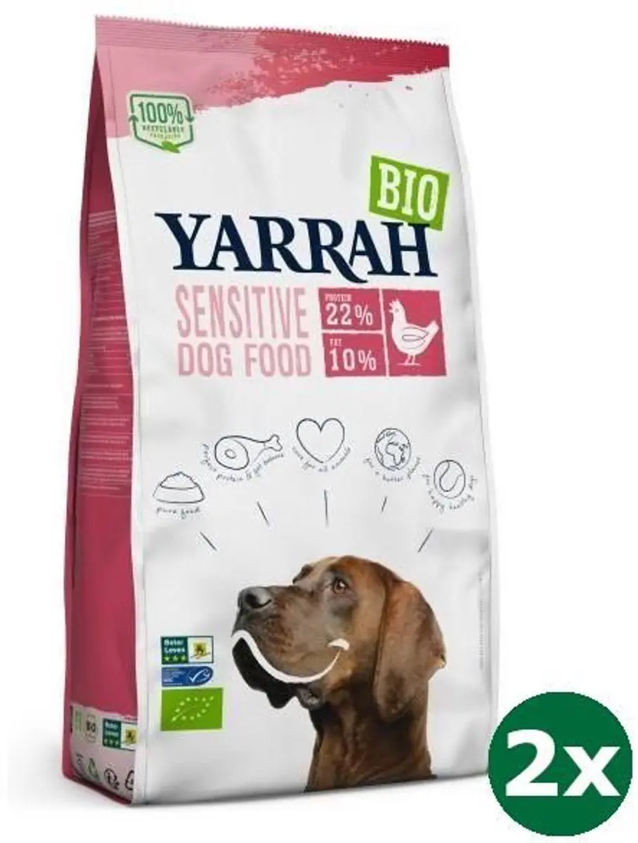 2x10 kg Yarrah dog biologische brokken sensitive kip zonder toegevoegde suiker h