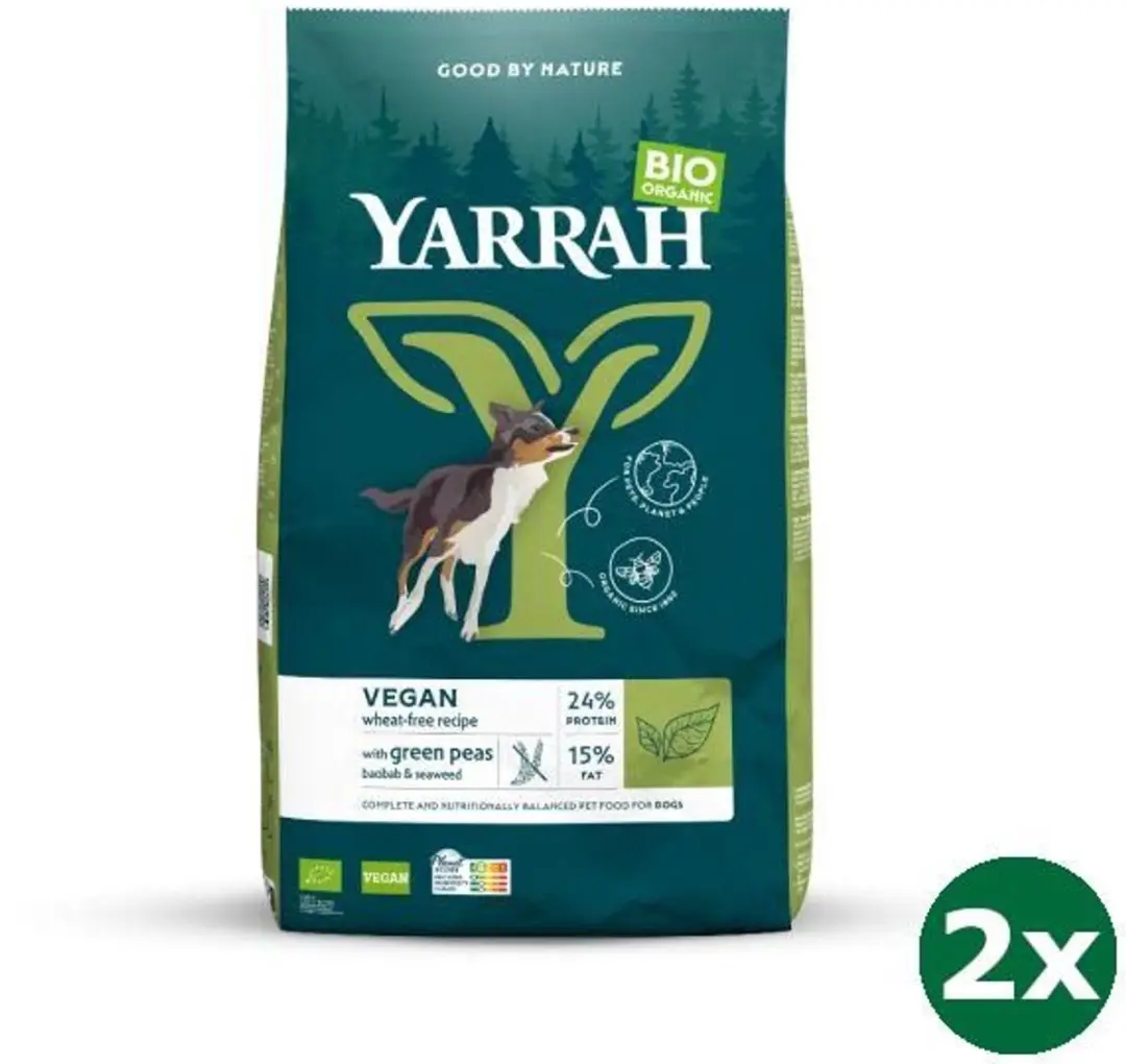2x10 kg Yarrah dog biologische brokken vega ultra sensitive tarwevrij hondenvoer
