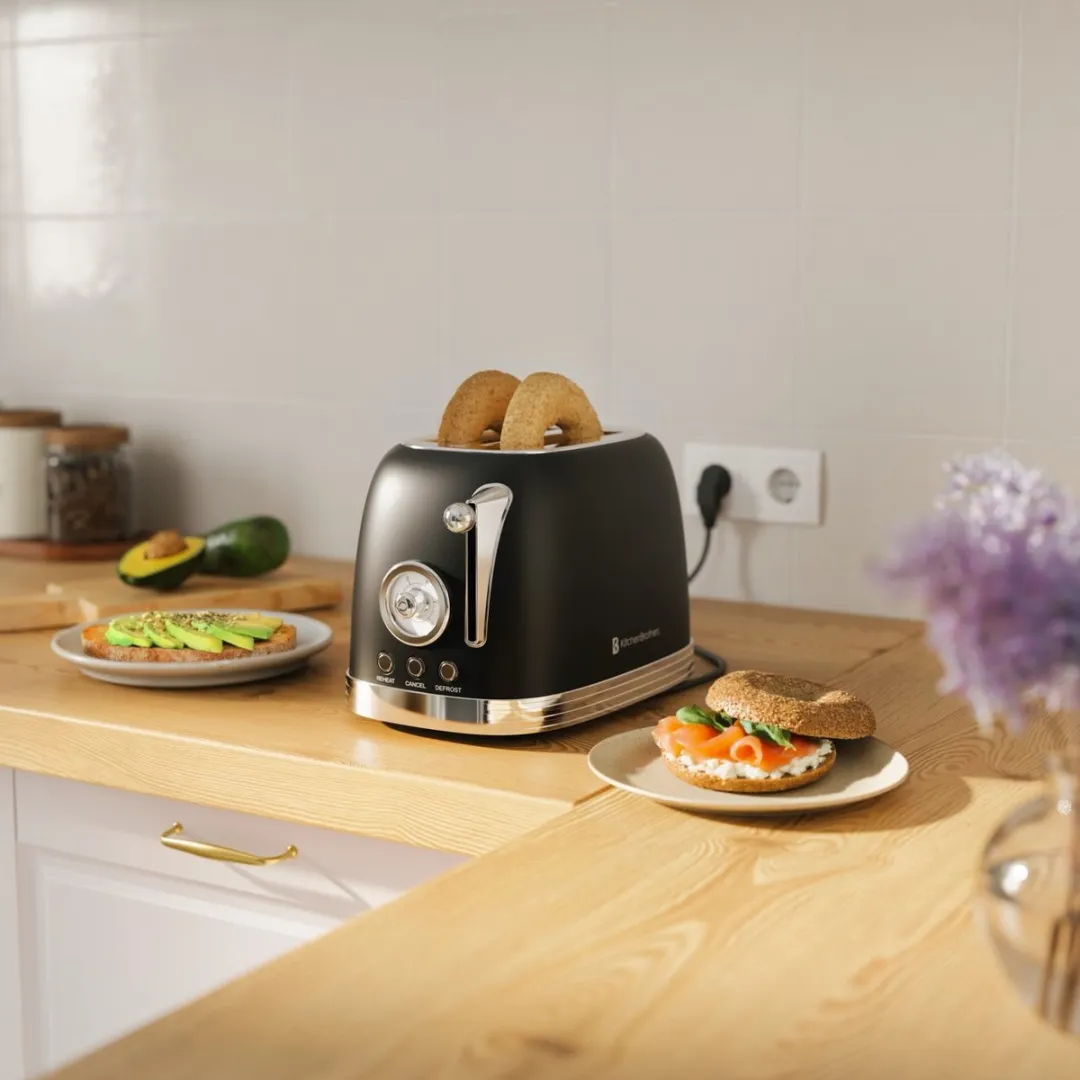 KitchenBrothers Retro Broodrooster KB1004163 - 815W - 2 Extra Brede Sleuven - Zwart