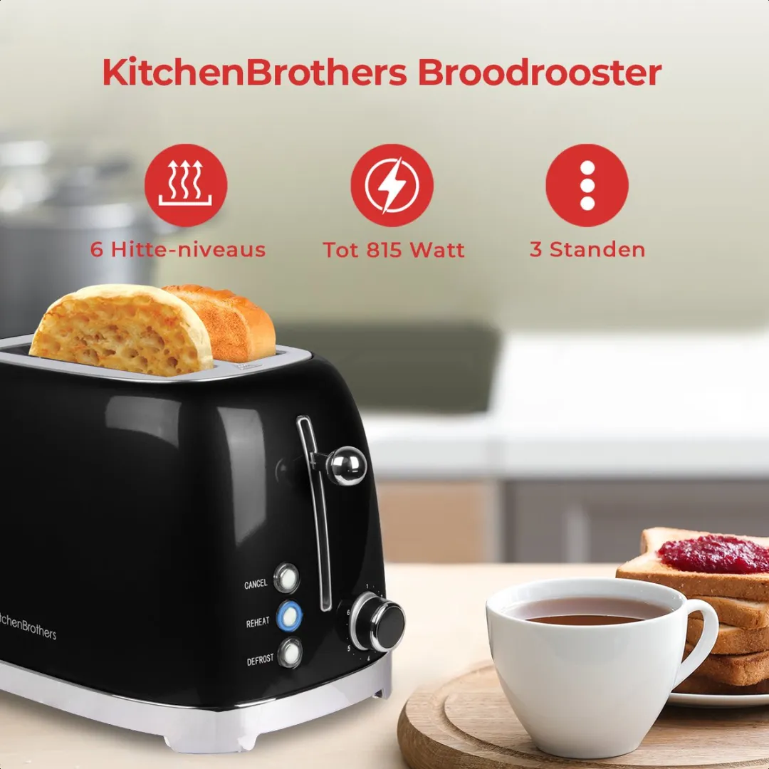 KitchenBrothers Retro Broodrooster KB1004163 - 815W - 2 Extra Brede Sleuven - Zwart