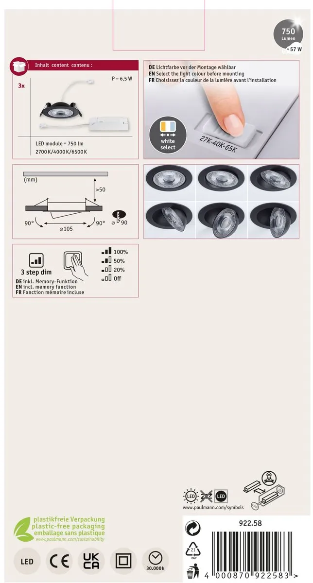 Paulmann LED-inbouwlamp White Select Aumus 3x5W 700lm 105mm - Zwart