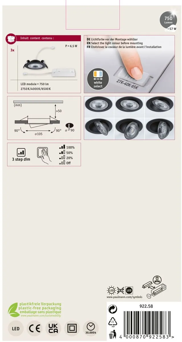 Paulmann LED-inbouwlamp White Select Aumus 3x5W 700lm 105mm - Zwart