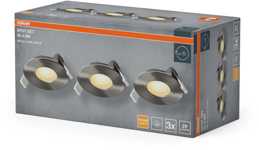 Osram Spot Set LED Inbouwspot 4,9W 200lm 2700K - Ø85mm - Satijnnikkel - 3 Stuks