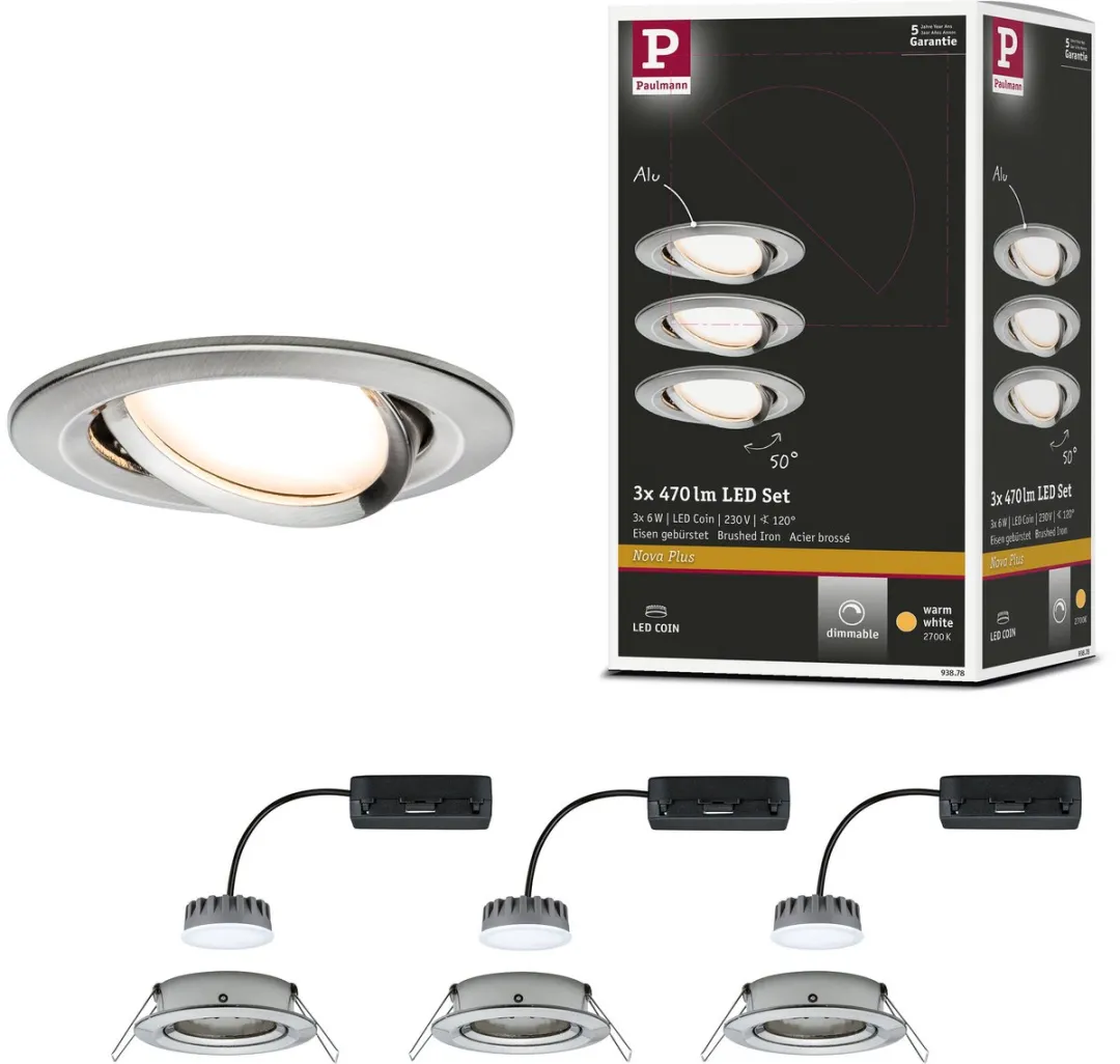 Paulmann Nova Plus Coin Basisset LED-inbouwlamp 3x6W 470lm 2700K - 84mm Staal geborsteld