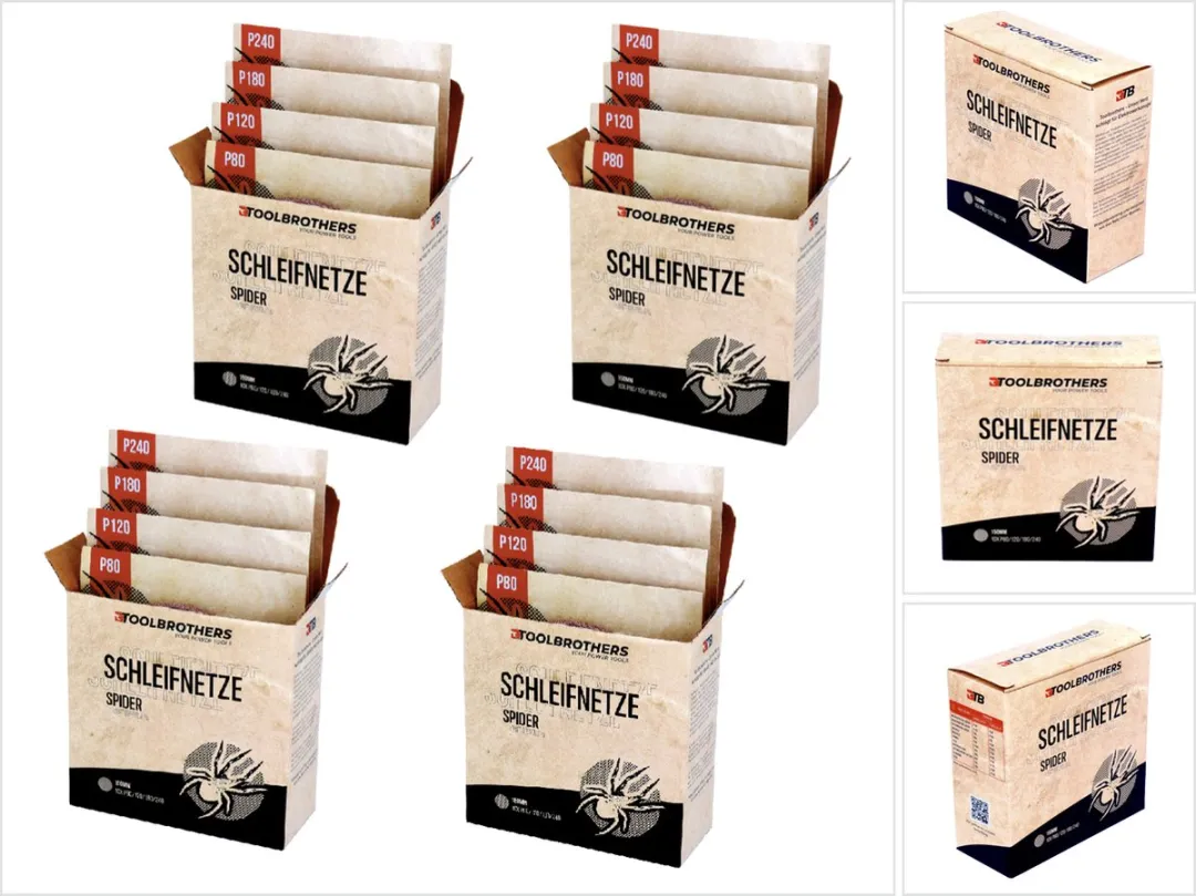 Toolbrothers SPIDER schuurset net 150 mm 4 verpakkingen 160x schuurnetten klittenband elk 40x P80 / P120 / P180 / 240 voor hardhout, zachthout, lak, steen, staal, aluminium, fineer