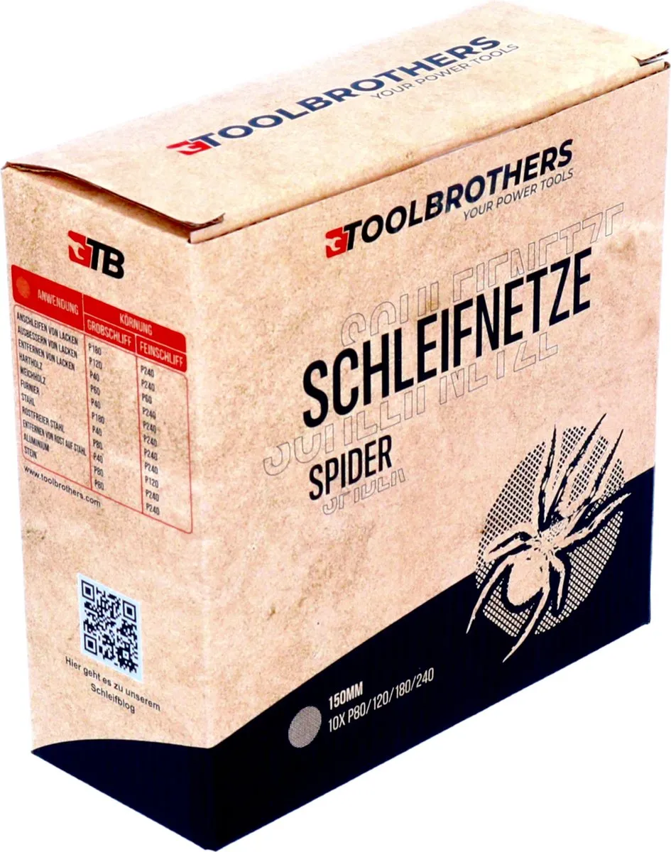 Toolbrothers SPIDER schuurset net 150 mm 4 verpakkingen 160x schuurnetten klittenband elk 40x P80 / P120 / P180 / 240 voor hardhout, zachthout, lak, steen, staal, aluminium, fineer