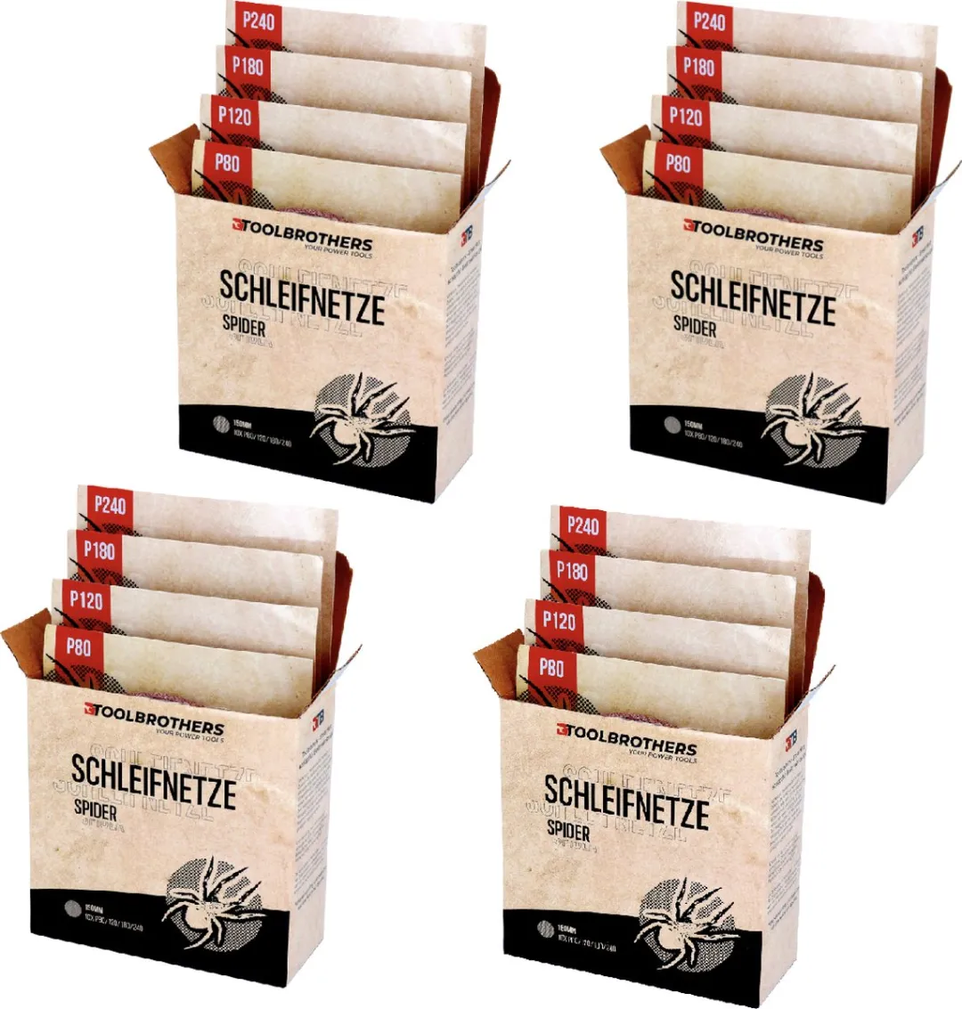 Toolbrothers SPIDER schuurset net 150 mm 4 verpakkingen 160x schuurnetten klittenband elk 40x P80 / P120 / P180 / 240 voor hardhout, zachthout, lak, steen, staal, aluminium, fineer