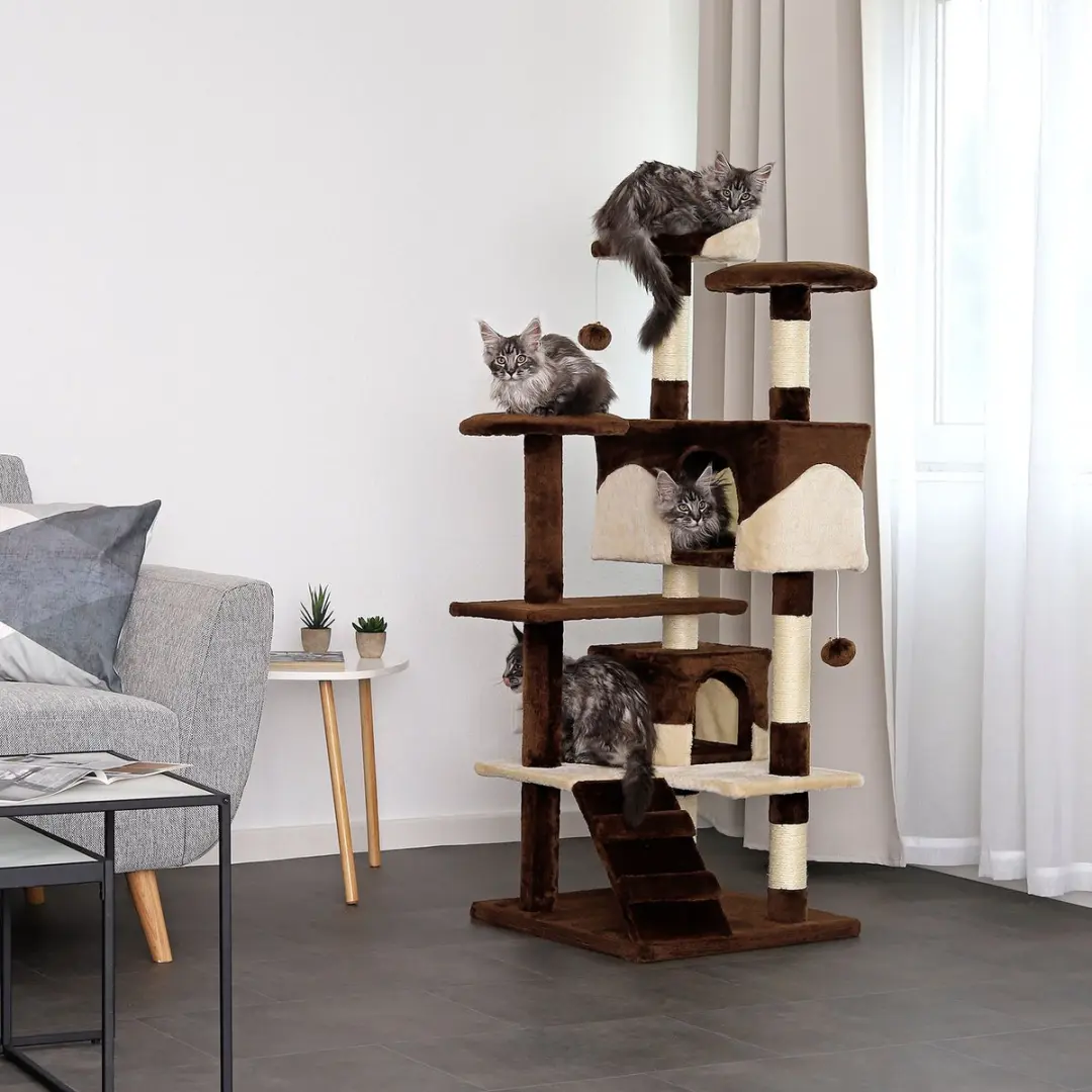 Lionto Kattenkrabpaal 130 cm met trap, grot & speelballen - Bruin/Beige - afbeelding 4 van 6