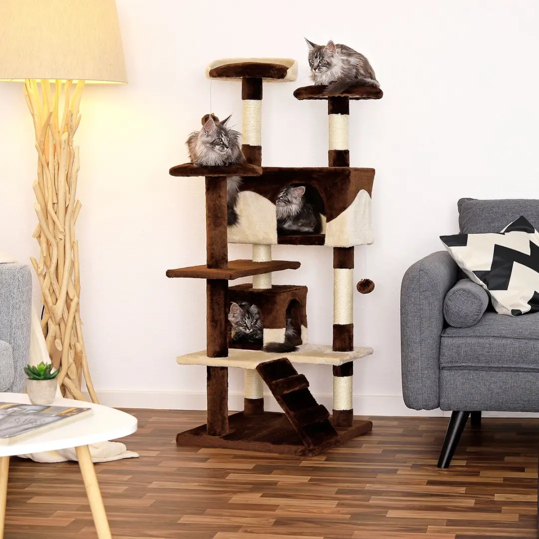 Lionto Kattenkrabpaal 130 cm met trap, grot & speelballen - Bruin/Beige - afbeelding 5 van 6