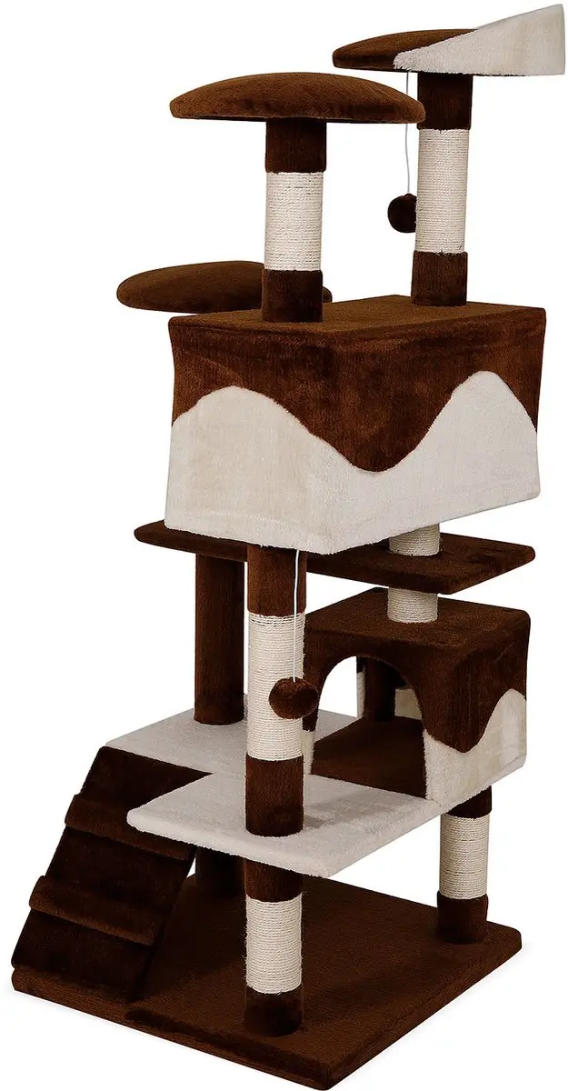 Lionto Kattenkrabpaal 130 cm met trap, grot & speelballen - Bruin/Beige - afbeelding 3 van 6