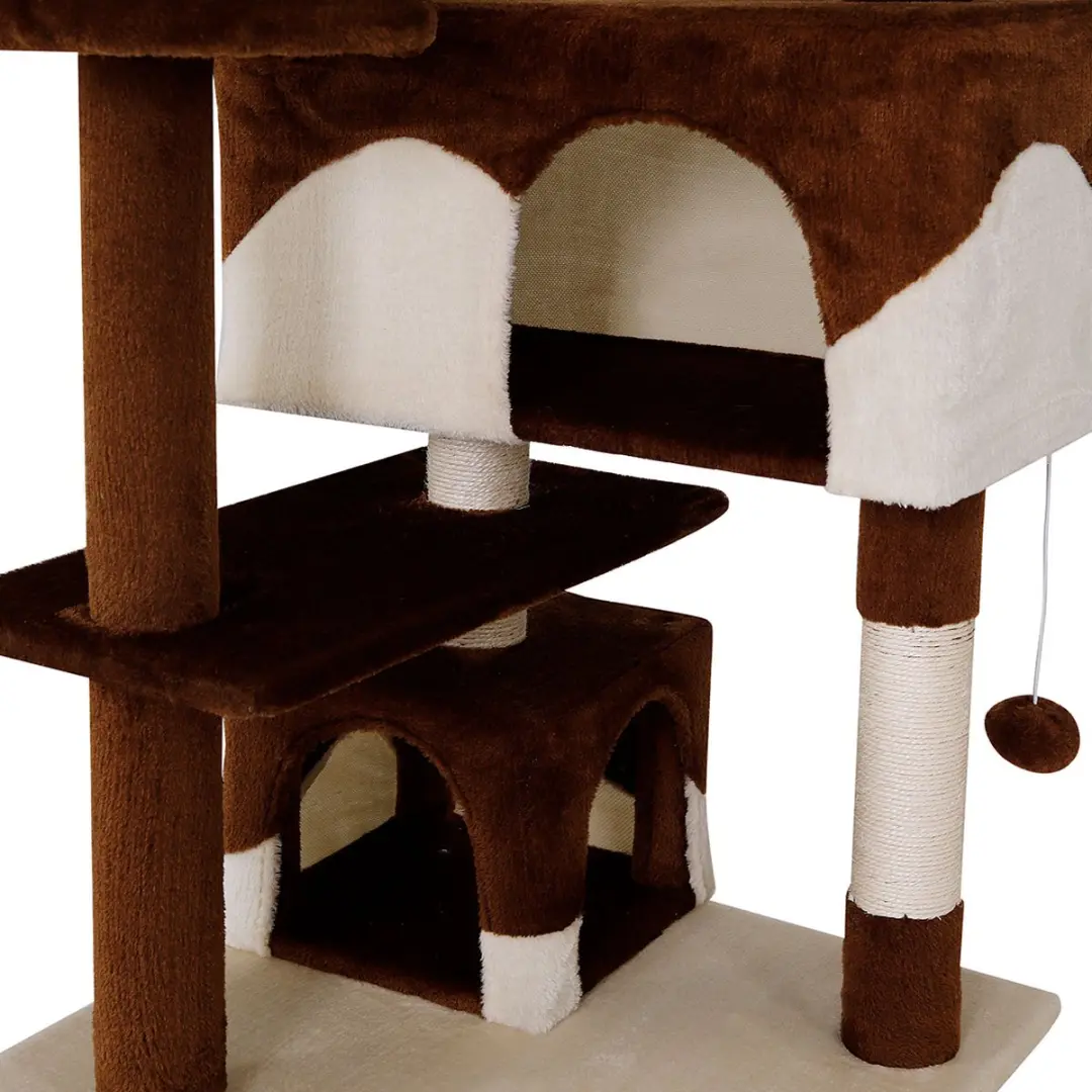 Lionto Kattenkrabpaal 130 cm met trap, grot & speelballen - Bruin/Beige - afbeelding 6 van 6