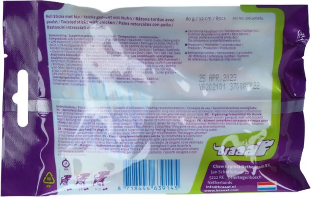 Braaaf Hondensnack Rol Sticks Kip 12 cm - 10x 80 gr - afbeelding 4 van 6
