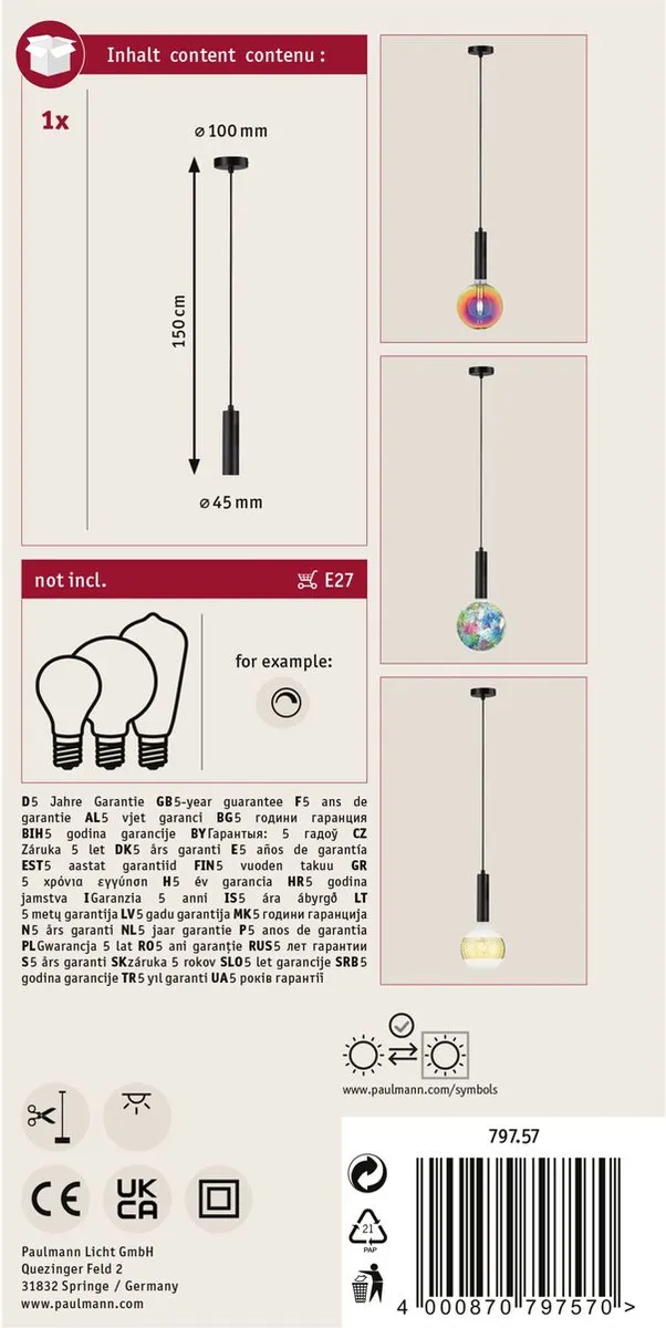 Paulmann Neordic Hanglamp Kine E27 60W - Zwart - afbeelding 6 van 6