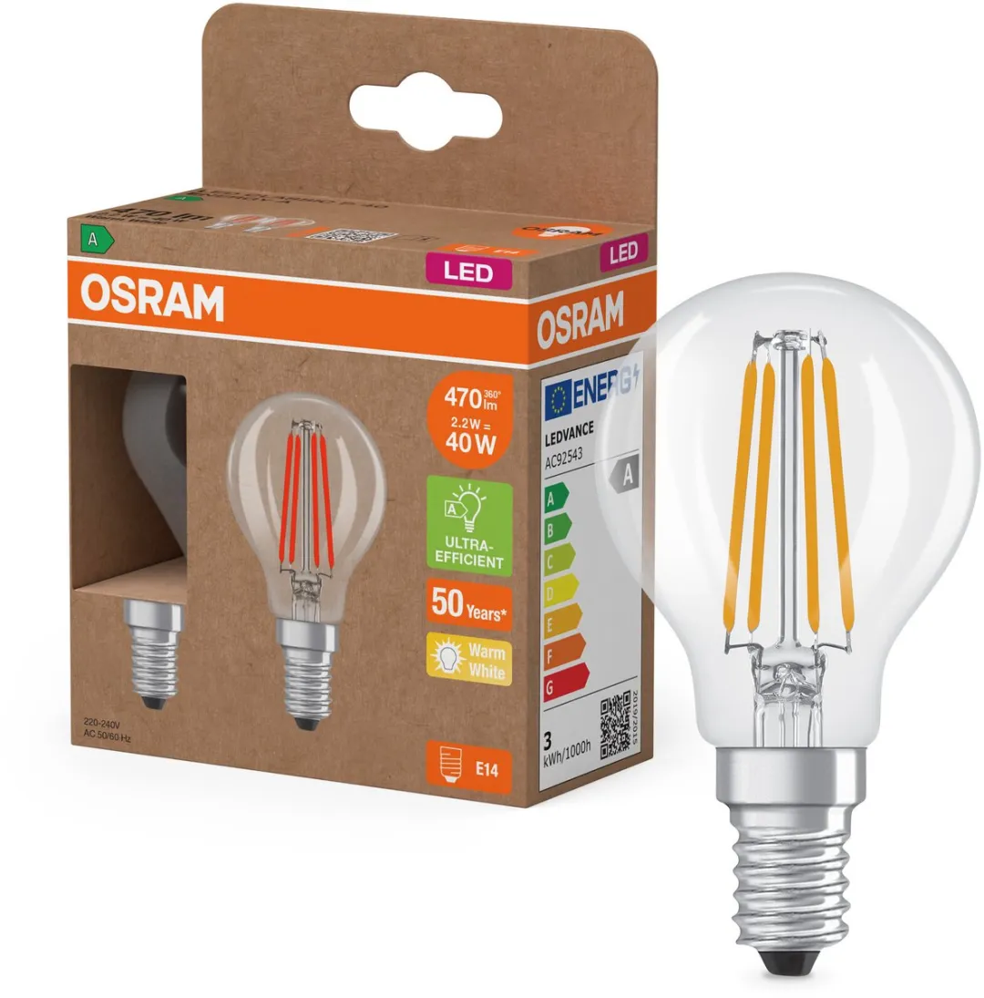 Osram Energy Class LED Minibol E14 2,2W 470lm Warm Wit - 2 Stuks