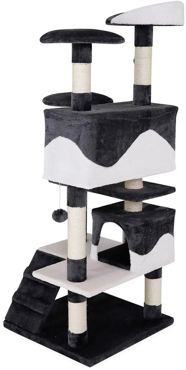 Lionto Kattenkrabpaal 130cm met Grot - Grijs/Wit - afbeelding 3 van 6