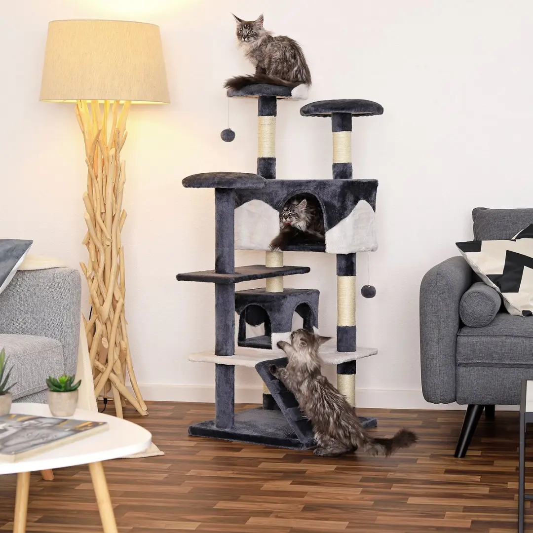 Lionto Kattenkrabpaal 130cm met Grot - Grijs/Wit - afbeelding 4 van 6