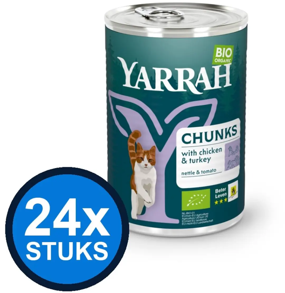 24x Yarrah Bio Kattenvoer Chunks Kip & Kalkoen